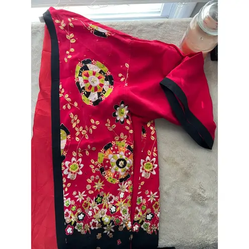 Diane Gilman Red Floral Kimono Jacket 100% Silk Lightweight Open Front Womens L