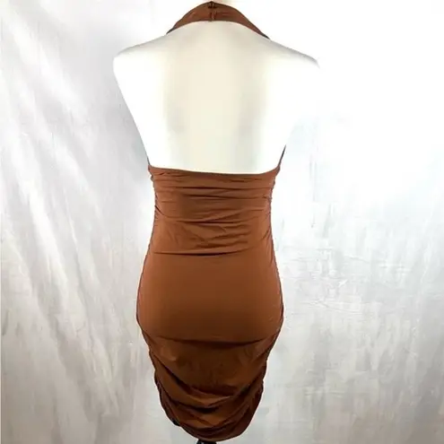 Chocolate brown plunging cross Vneck ruched bodycon halter dress size small NWOT