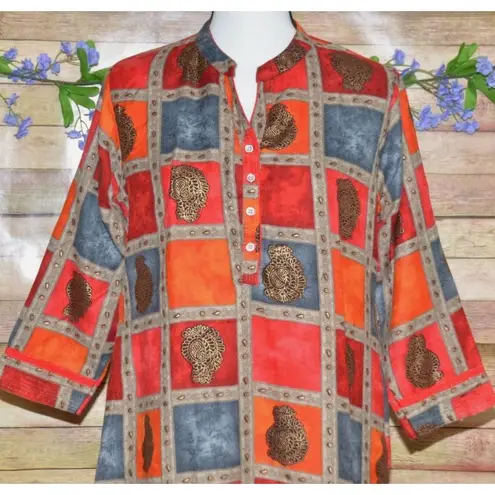 Panchi Indian Pakistani Kurta Tunic Dress 3/4 Sleeve Size M Color Block Flannel Red Size M
