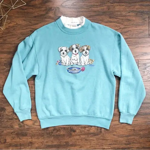 vintage • grandma sweatshirt aqua cotton collared puppies pullover grandmacore Size M
