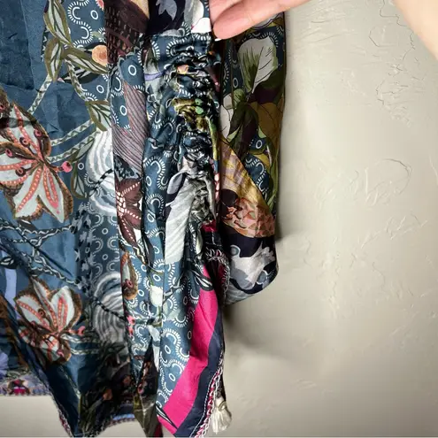 Johnny Was Aran Georgia 100% Silk Floral Boho Ruched Sleeves Tassel Trim Top