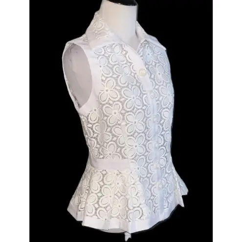 White Large Floral Lace Sleeveless Collared Button Down Front Peplum Top S