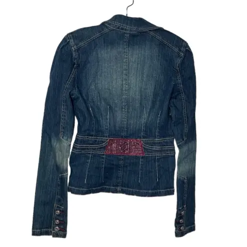 Rocawear Blue Denim Jean Jacket Pink Shiny Studs Distressed Blazer Size Medium