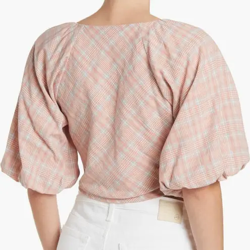 NWOT dRA Maisie Cotton Cropped Front Tie Blouse BLUSH PLAID Medium Puff Sleeves Pink