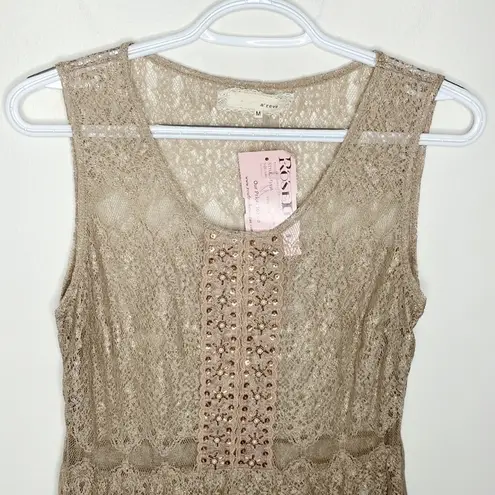 A’reve tan shiny lace peplum sleeveless top with bejeweled front embroidery sz M Size M