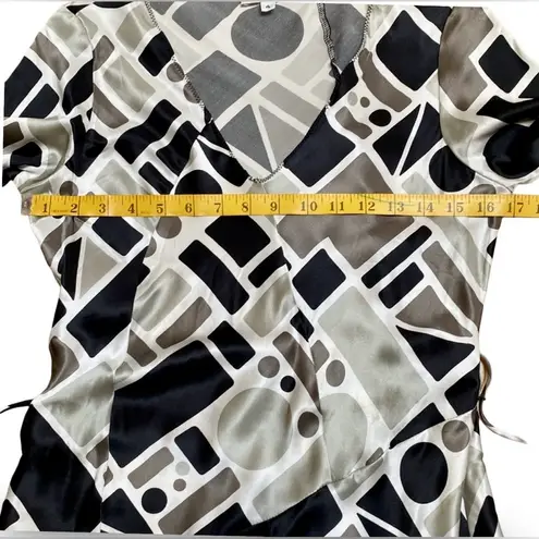 POLECI🍒SZ 4🍒100% SILK BLACK AND WHITE PRINTED WRAP DRESS TASSELED WAIST TIE🍒