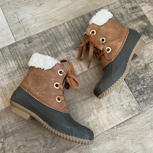 Tommy Hilfiger ‎ Brown Duck Boots size 8 Shearling Trim Lace Up Snow Ski Trip Y2K