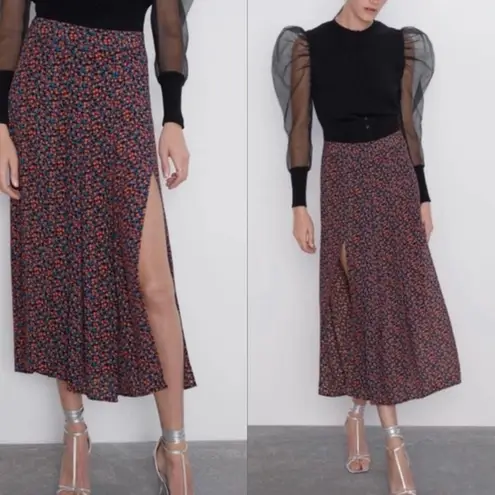 ZARA  floral print double slit midi skirt