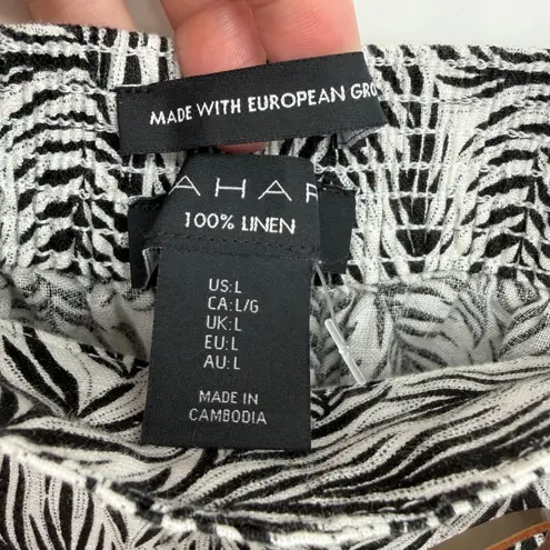 Tahari Wide Leg Linen Pants Black White Palm Leaf Print Belted Size Large NWT