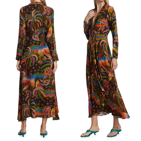 Farm Rio • Macaw Island Dress long sleeve maxi black cross stitch print