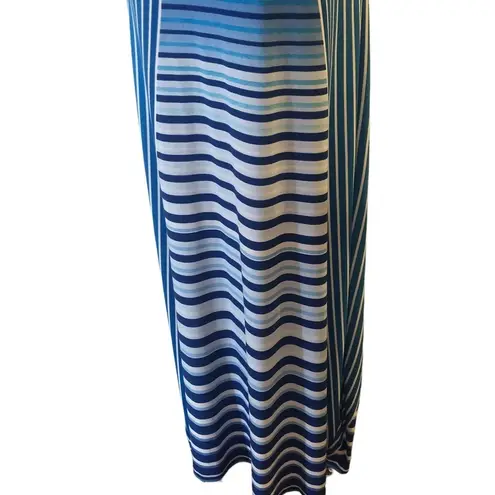 Calvin Klein CK Blue Stripe Racerback Maxi Dress Sz. 10 Scoop Neck Slimming Summer