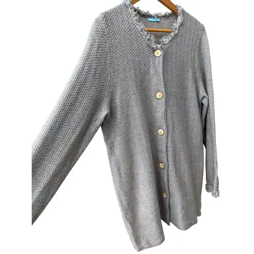 J. McLaughlin Woven Fringe Long Nan Cardigan Sweater Gray Size Large