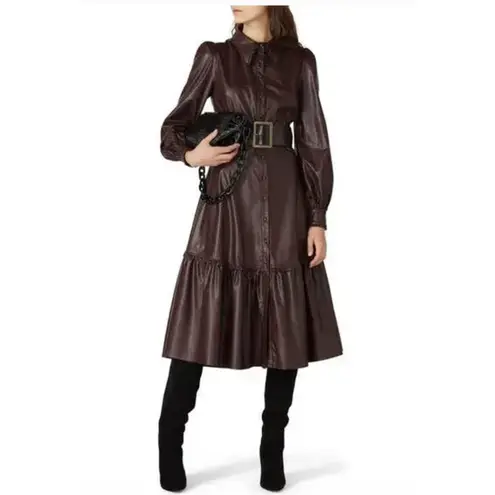Nicholas Dress Womens 6 Brown Larisa Faux Leather Midi Button Front Ruffle Hem