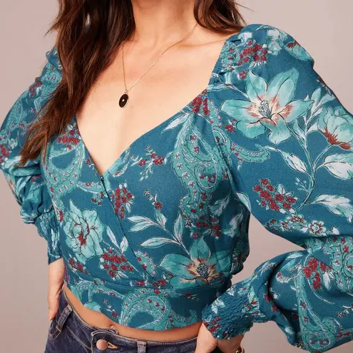 Band Of The Free New Floral Faux Wrap Long Sleeve Crop Top Deep Teal Size Small