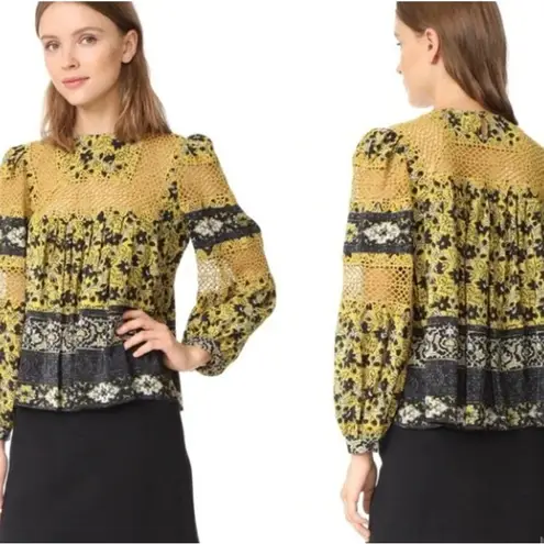 SEA New York Women’s Silk Lace Crochet Bib Mustard Black Blouse Size 2