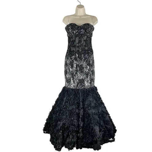 Xtreme Strapless Lace Sequin Mermaid Evening Gown 3D Floral Petal Size 6 Black