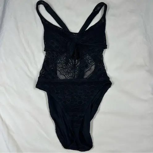 Becca Women's Black Tie-Front Crochet Lace Strappy One-Piece Swimsuit XS