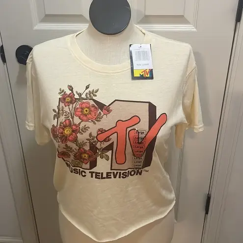 MTV top yellow floral short sleeve cutoff shirt New music television tee Sz L Size L