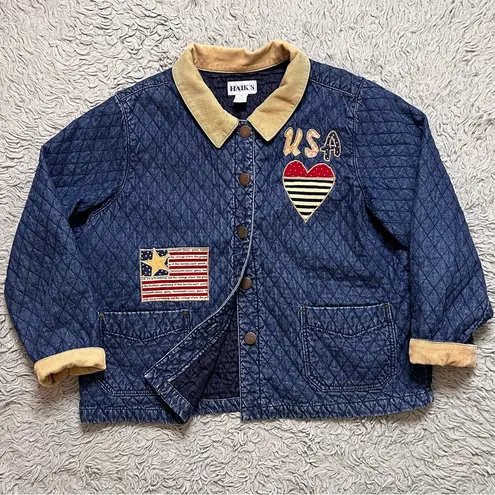 Haik’s Vintage Denim Barncoat Quilted Jacket Coat Embroidered Patches XL 1X Blue