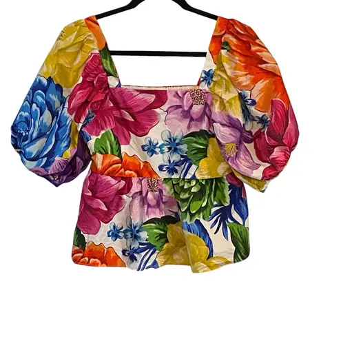 Farm Rio Rainbow Chita Empire-Waist vibrant Floral puff sleeve Blouse resortwear