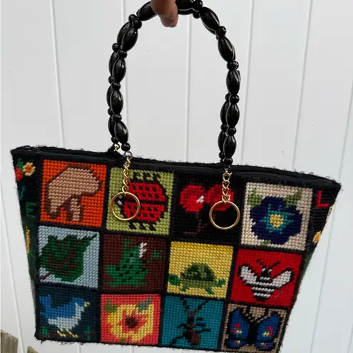Vintage 70s Needlepoint Ecology Tote Bag Purse | Bob Miller | Columbia Minerva Black