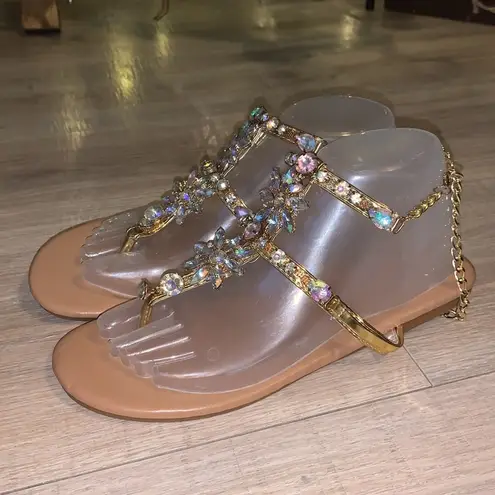 Women's Fashion Casual Flats Rhinestone Round Toe Sandals Buckle Chain Strap Gold Size 8.5