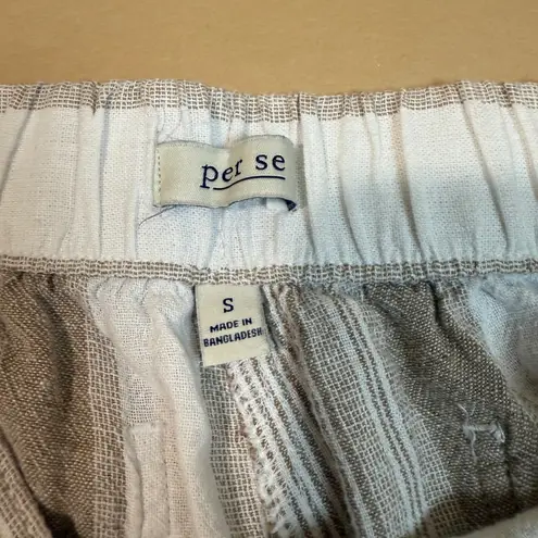 Per Se Striped Shorts Linen Blend Drawstring Casual Summer Beige Size S