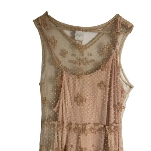 Sundance Nude Embroidered Chiffon Mesh Swiss Dot Slip Midi Dress Size Medium