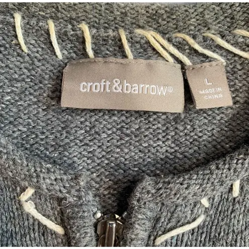 Vintage Gray Bright Cherry Red Cardinal Embroidered Zip Cardigan Sweater Large