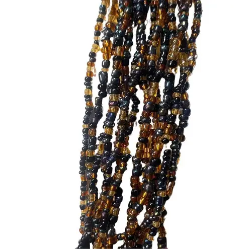 Vintage Amber Earth Tone Seed Bead Multi Strand Necklace with Wooden Belt Buckle Orange
