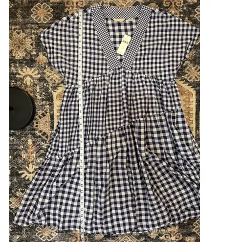 Anthropologie Dress XS Boho Navy Gingham Short Sleeve Tiered Mini Cottage Blue