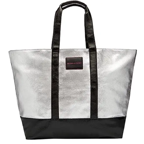 Victoria's Secret  Silver & Black Tote XL Weekender Bag NWT