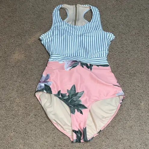 ALBION FIT Albion Island Fever Floral Stripe Castaway One Piece Swimsuit Zip Tie Back XL