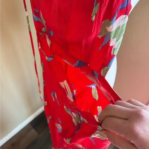 Urban Outfitters  Red Floral apron open back wide leg jumpsuit