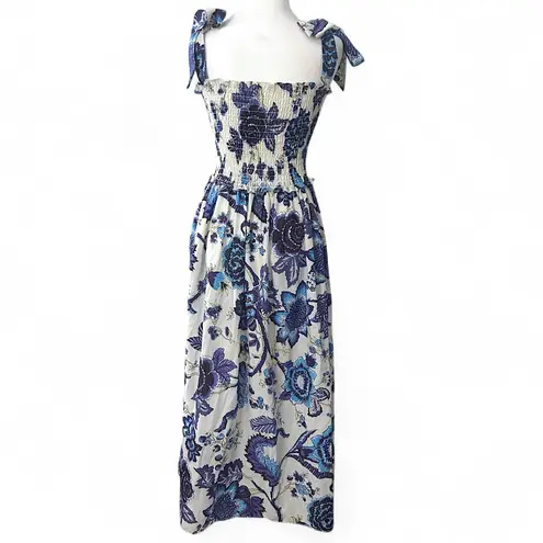 Smocked Blue and White Floral Bow Strap Maxi Dress Chinoiserie Style Small