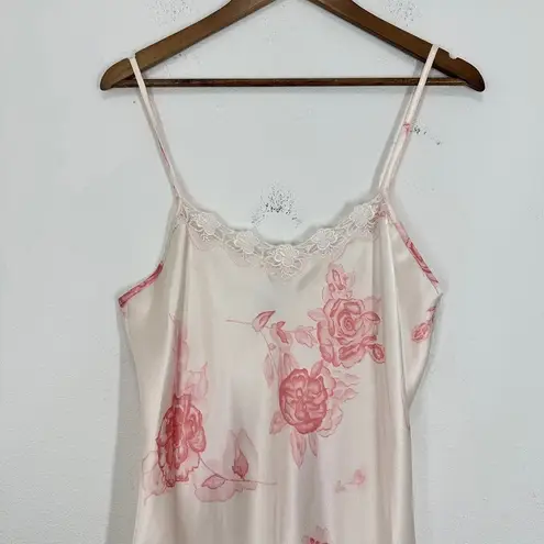 Vintage Floral Pink Lace Trim Satin Slip Nightgown Private Luxury Fairycore Size M