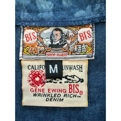 Gene Ewing Bis Vintage Sunwash Cotton Denim Top Size Medium Popover Printed 80s Blue