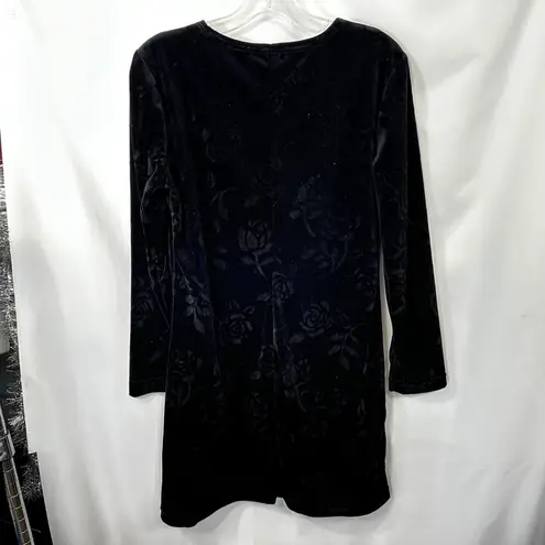 VTG Dress Black Velvet Burnout Size 10 Rose Print Shift Y2K 90s Long Sleeve 1806