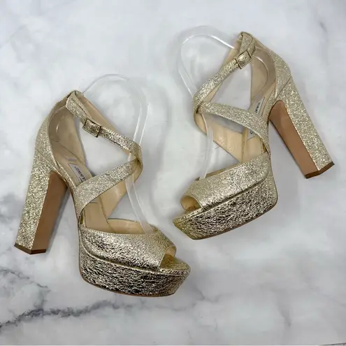 Jimmy Choo April 120 Metallic Foil Leather Platform Sandal Block Heels Gold 39