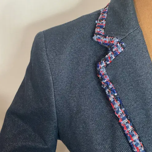 7th Avenue New York & Co denim like tweed ribbon trimmed tailored blazer size S Blue