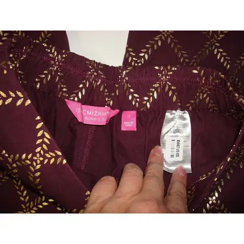 Isaac Mizrahi New Womens Live! Stretch Maroon Red Gold Foil Leaf Pants 6 T Tall