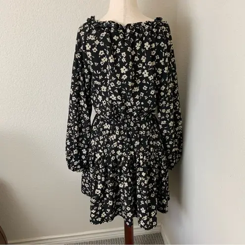 Oddi  Black Floral Printed Balloon SLeeve Elastic Waist Dress Size Small