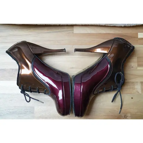 Lanvin Colorblock Patent Leather Lace Up Ankle Heel Boots Booties Size 37.5 Purple