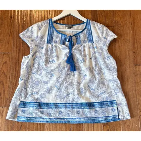 J.Crew Point Sur white and blue tassel the printed blouse small