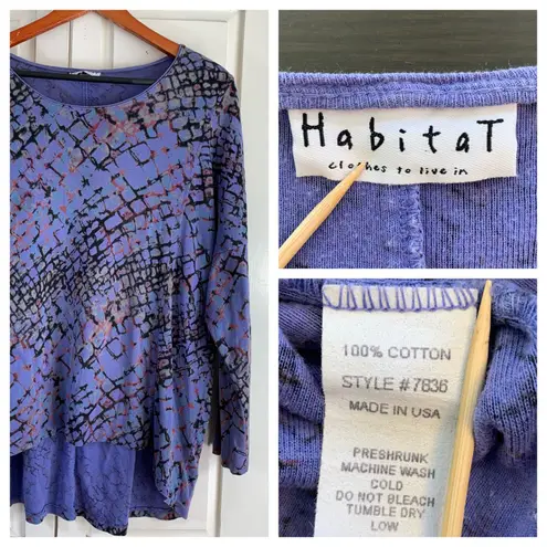 Habitat Womens Long Sleeve Purple Artsy Tunic Top Size L Made in USA Cotton