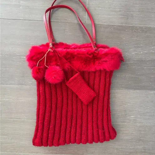 Murval Red Knit Shoulder Bag with Faux Fur Trim Y2K holiday vibe