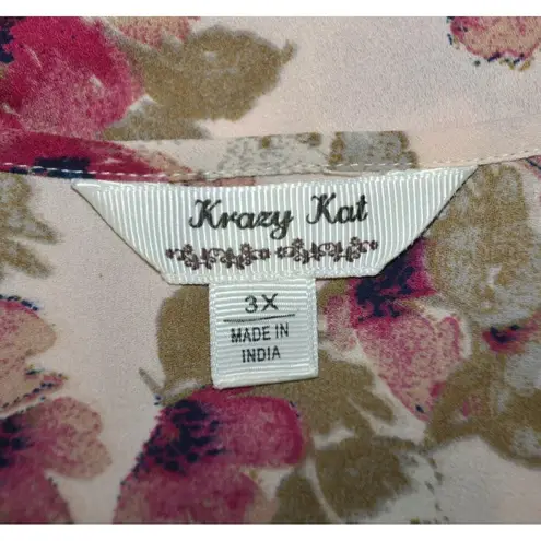 Krazy Kat Chiffon Pink Floral Blouse Roll Tab Sleeve Plus 3X Causal Night Out