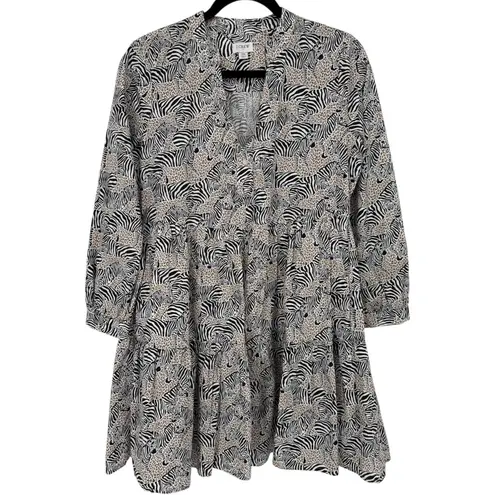 J.Crew Animal Print Novelty Zebra Leopard Long Sleeve Tiered Mini Dress Size XS Black
