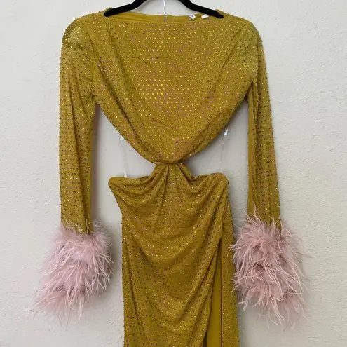 House Of CB  'Gina' Feathered Chartreuse Crystallised Maxi Dress NWOT size Large