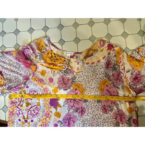 Tribal Jeans Women's 1X Floral Textured/Swiss Dot Blouse W/Frill Sleeve & Tassel